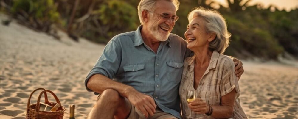 Joyful retired couple spending money freely after escaping the scarcity mindset